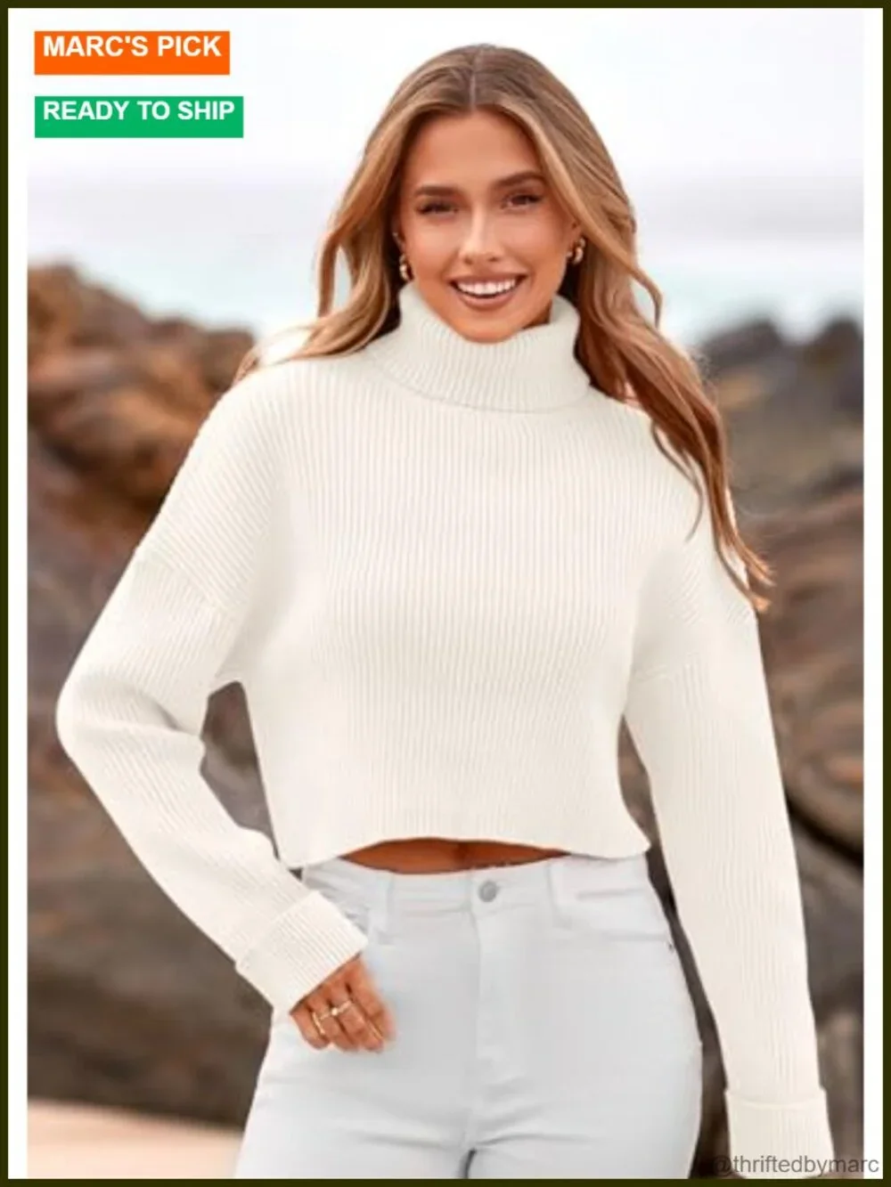 Cropped Turtleneck Sweater Long Sleeve Ribbed Knit Women's